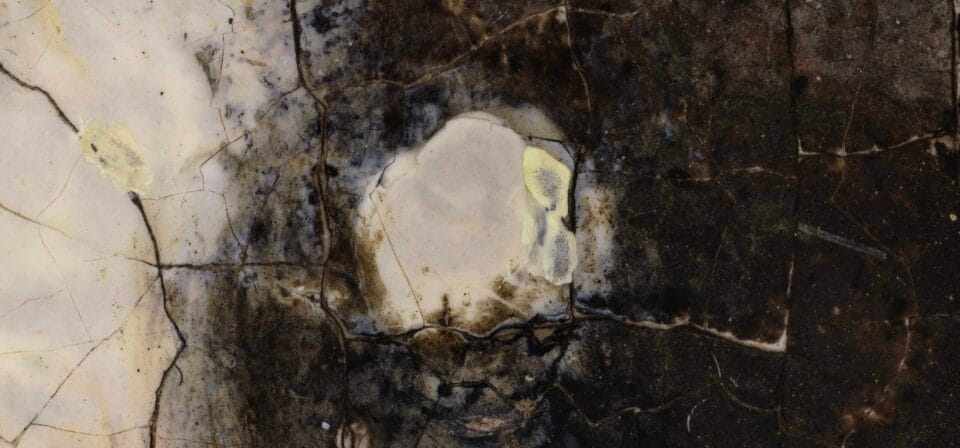 an extremely close-up detail of an oil painting with tiny daubs of paint and crackled texture