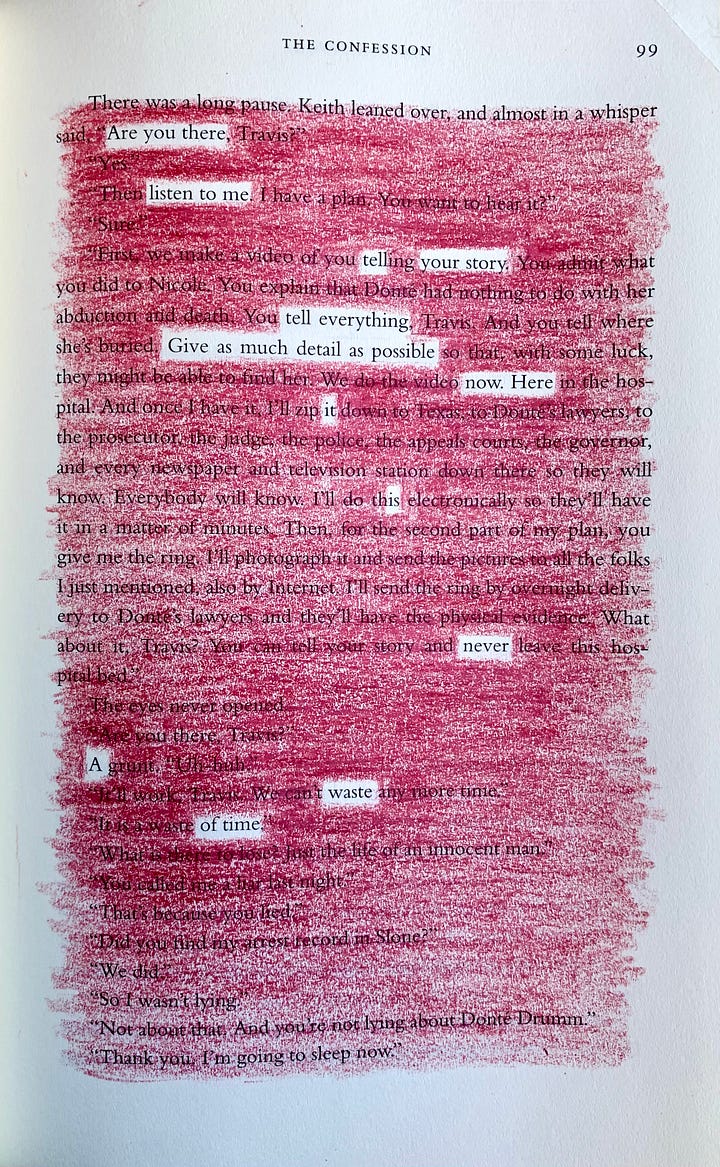 Four photos: an "adventures in bibliomancy" zine standing before a stack of books; a blackout poem that reads "Are you there - listen to me - tell your story - tell everything - give as much detail as possible - now - here - it - is - never - a - waste - of time"; 2 cameras; and a screenshot of an essay I wrote called "Dear Jennifer Coolidge," featuring a still from Austenland of 3 women in Regency clothing