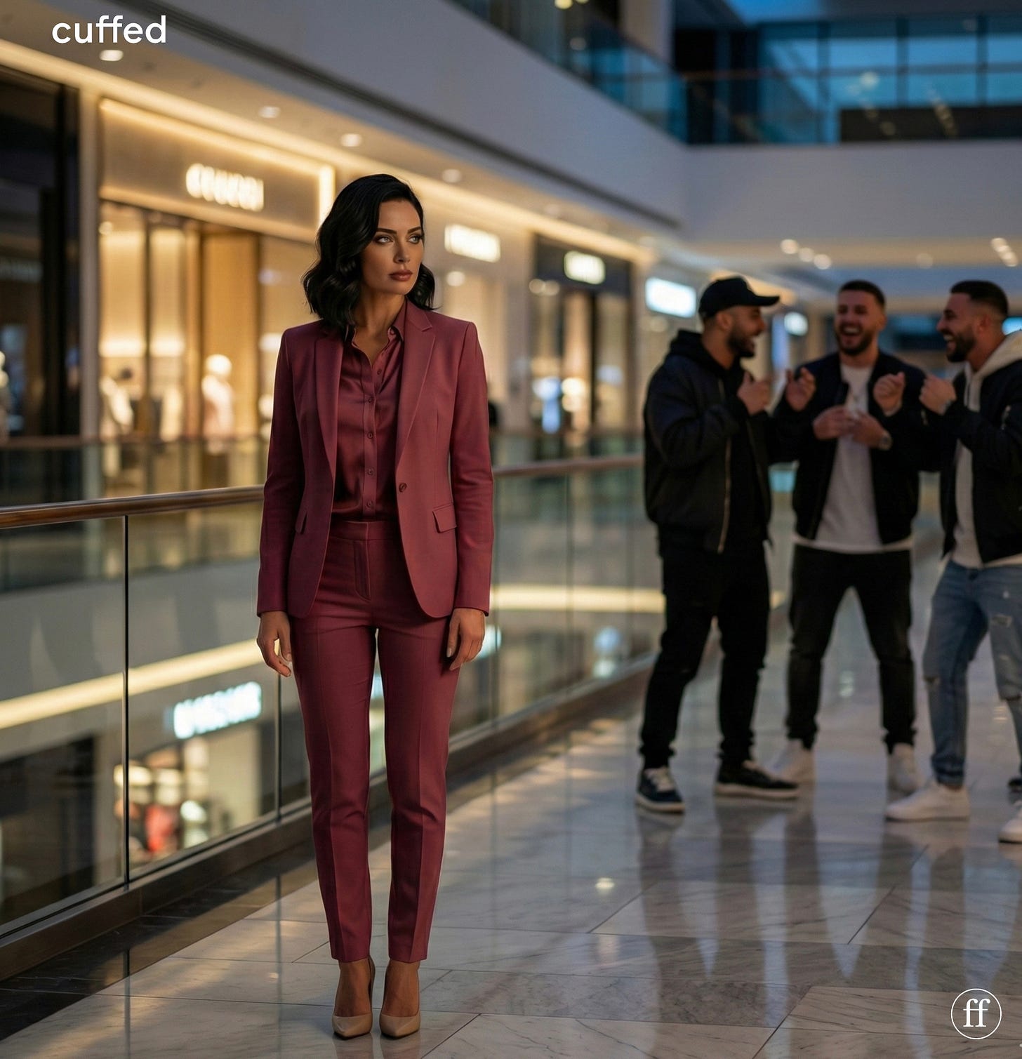 cinematic image of daphne quinn in a tailored wine suit standing alone in an upscale mall, visibly unimpressed while a group of immature men laugh behind her. shallow depth of field, soft architectural lighting. mood: discernment, disgust, emotional authority. logo bottom-right.