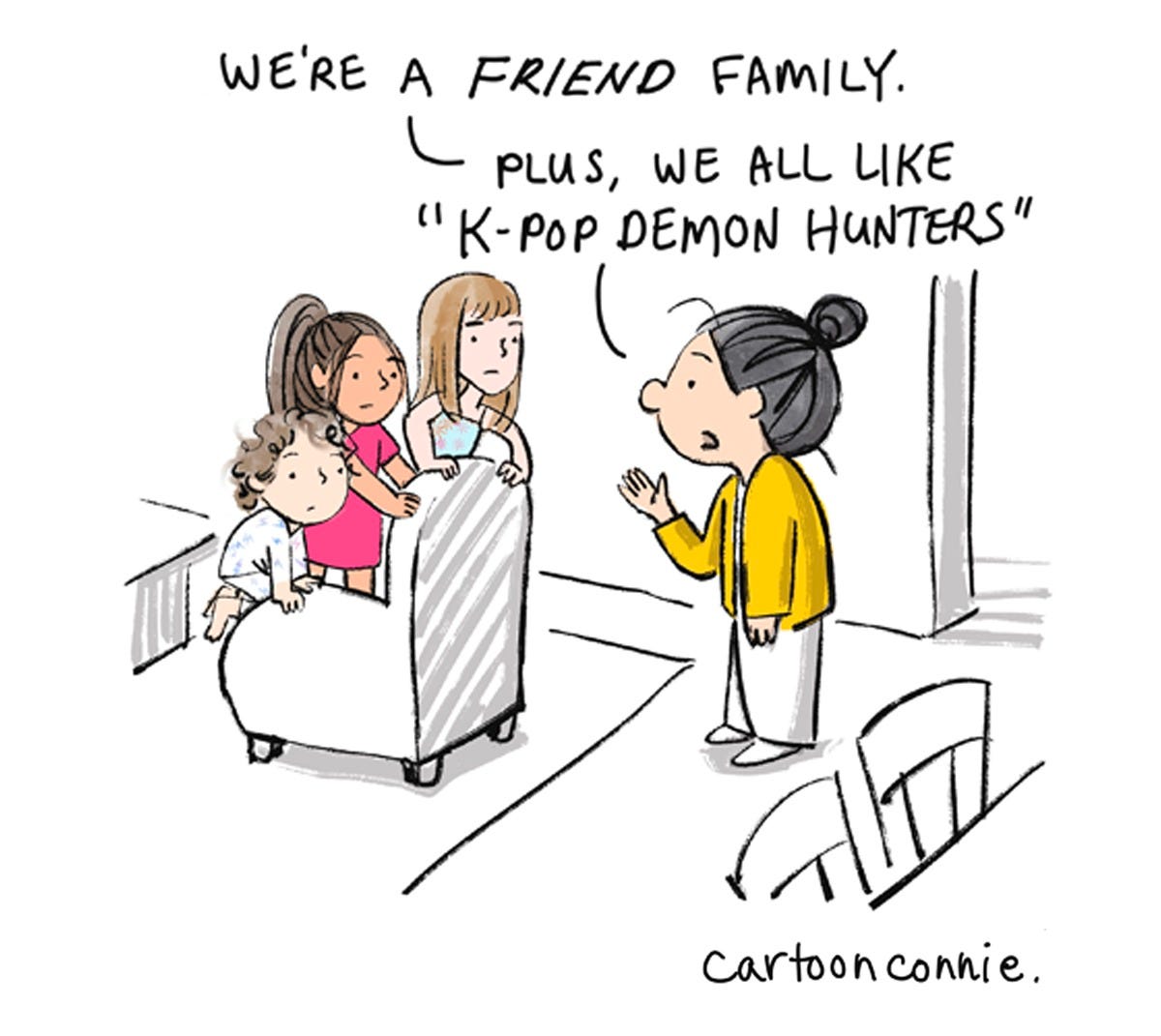 Panel 6/8 of an 8-panel color diary comic illustrating the perceptive, brutal honesty of young children in a series of humbling exchanges with the artist. Titled "Friends With Kids," 2026, by Connie Sun