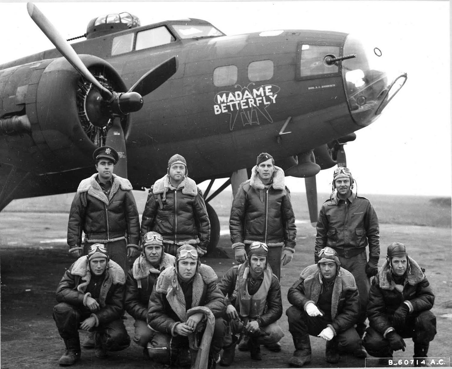 The brave crew of the B-17 'Madame Butterfly,' pictured November 22, 1942. Top (L to R): 2Lt Charles R Woodworth, 2Lt Roger F Moran, 2Lt Lawrence L Leach, 1Lt Curtis Ames Burgan. Bottom: S/Sgt. John T Kuntz, S/Sgt Stanley Farnsworth, Cpl Robert G Ames, S/Sgt. Darrell W Coats, T/Sgt Frank J Brinski, S/Sgt William Ford.