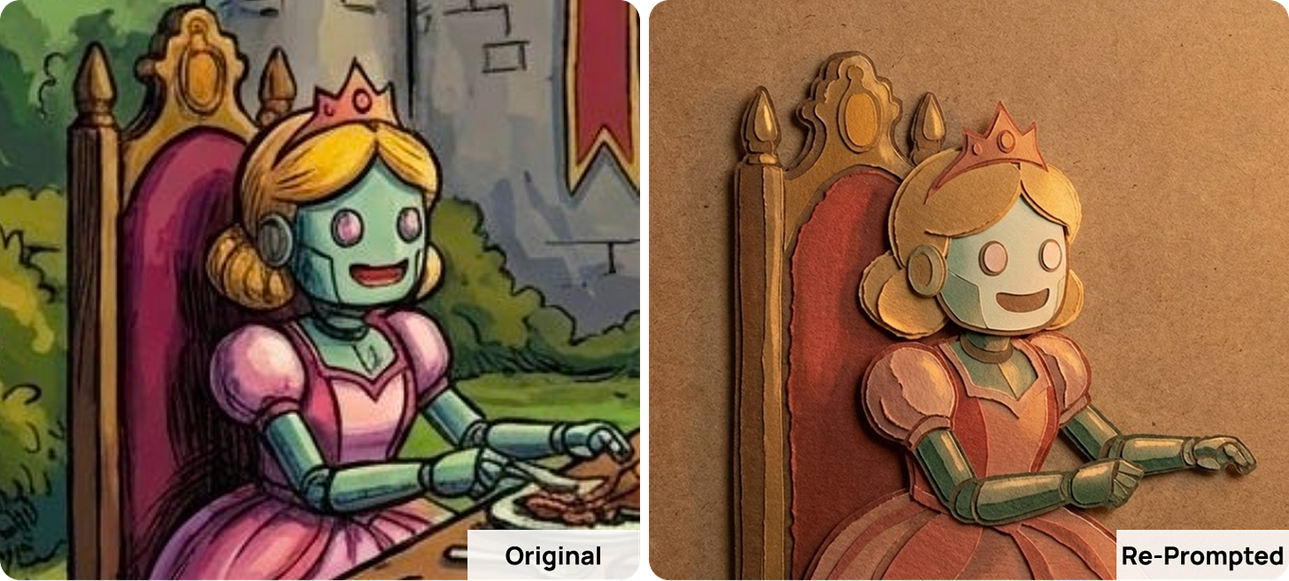 A side-by-side restyle created by Karo (Product With Attitude) using a Nano Banana prompt. The left panel shows the original illustration: a cartoon robot princess sitting on an ornate throne outdoors, rendered in a hand-drawn comic style with strong outlines, textured shading, and bright colours.  The right panel shows the Nano Banana re-prompted version, transforming the princess into a layered paper-cut figure with stacked card-stock shapes, soft shadows, and a handcrafted look. Her crown, hair, dress, and robotic arms are rebuilt from cut, folded, and glued paper layers, giving the character dimensional depth while keeping the overall pose and proportions intact.  The background is replaced with a plain brown craft-paper texture, emphasising a cosy, analogue, Nordic-minimalist aesthetic. The throne also appears as a paper-engineered object, with layered golden details and lightly burnished edges to simulate hand-cut craft techniques.  This transformation showcases how Nano Banana can convert comic-style illustrations into tactile, cosy, handcrafted paper-sculpture visuals, aligning digital characters with hygge-inspired, analogue design principles.  Core themes: AI restyling, paper-cut aesthetic, tactile design, analogue craft simulation, cosy textures, hygge design, dimensional layered artwork, character transformation using Nano Banana.