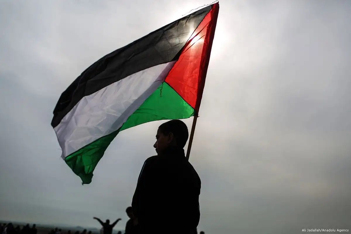 A person holds a Palestinian flag beneath a gray sky. A person holds a Palestinian flag beneath a gray sky.