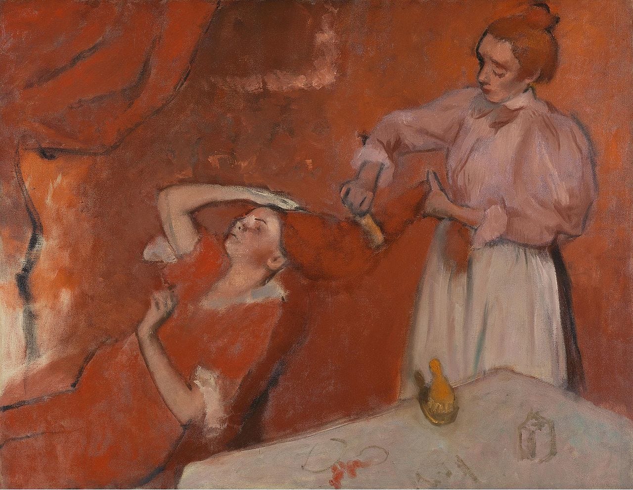 Edgar Degas, Combing the Hair: a maid in a pink blouse combs the long red hair of a woman in a red dress, in a room painted almost entirely red Edgar Degas, Combing the Hair: a maid in a pink blouse combs the long red hair of a woman in a red dress, in a room painted almost entirely red