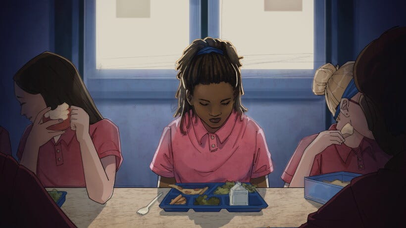 Illustration of a middle school cafeteria scene 