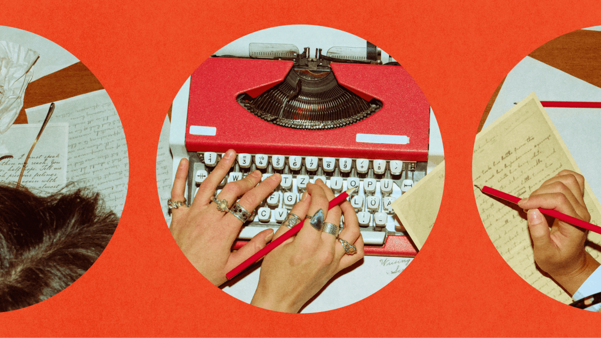 Close-up of hands typing on a red typewriter, surrounded by handwritten notes and a red pencil, set against an orange background—a vibrant scene that captures how writing helps you think. Close-up of hands typing on a red typewriter, surrounded by handwritten notes and a red pencil, set against an orange background—a vibrant scene that captures how writing helps you think.
