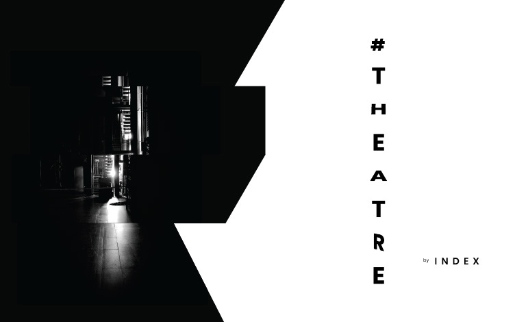 A black-and-white publicity poster. The left half of the poster features an image of staircase on the Esplanade Theatre stage. The right side of the poster, with a white background, features the text #THEATRE by INDEX A black-and-white publicity poster. The left half of the poster features an image of staircase on the Esplanade Theatre stage. The right side of the poster, with a white background, features the text #THEATRE by INDEX