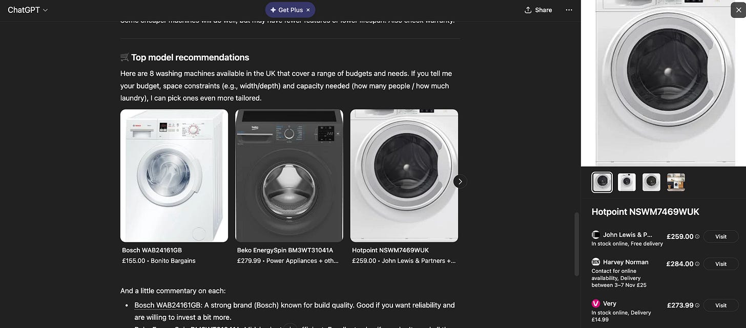 Washing machine agentic commerce in ChatGPT