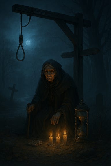 Madame Eva waiting beneath the gallows at the Svalich River Crossroads for Curse of Strahd