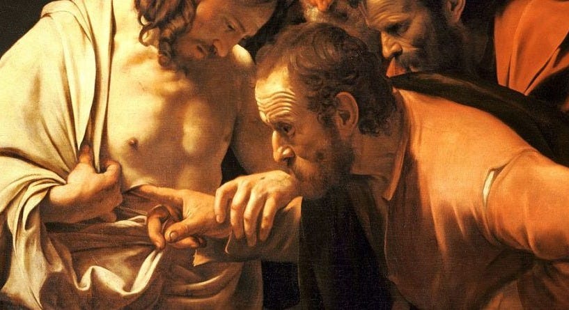 Apostle Thomas inspecting the marks and wounds made by nails on Jesus Christ