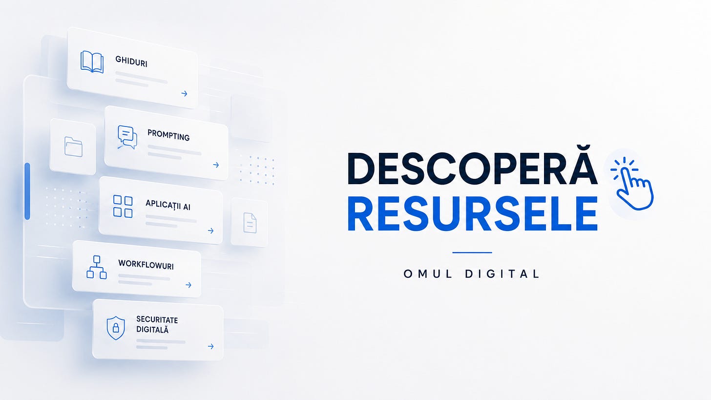 Imagine minimalistă cu fundal deschis, carduri digitale în partea stângă și text mare în partea dreaptă: „DESCOPERĂ RESURSELE”, urmat de „OMUL DIGITAL”, plus o iconiță de click care sugerează accesarea resurselor.