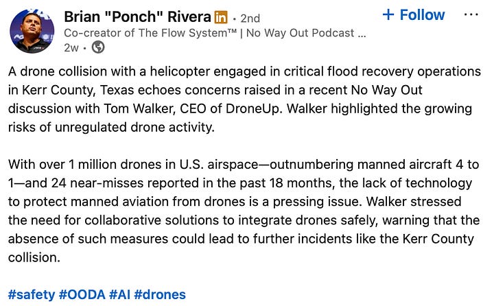 Screenshots of social media posts by officials and industry figures—including Kerr County spokesperson Jonathan Lamb, Skydio executive John Santry, AUVSI President Michael Robbins, DroneUp CEO Tom Walker, and others—amplifying the claim that a private drone collided with a National Guard helicopter in Kerrville, Texas. No pilot was named, and later sources confirmed the drone was law enforcement-operated.