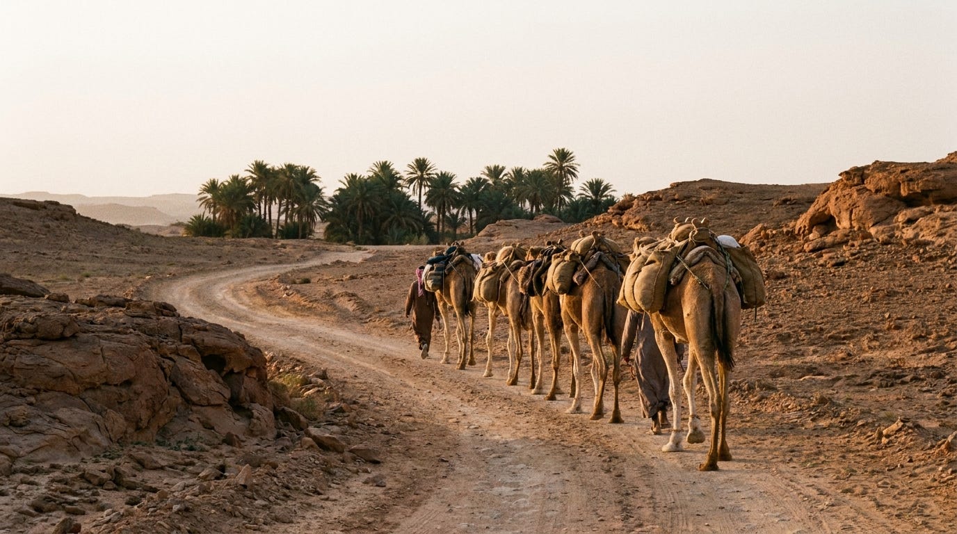 A camel caravan seen from behind on a desert trade route past a palm oasis at early morning, no faces, no text