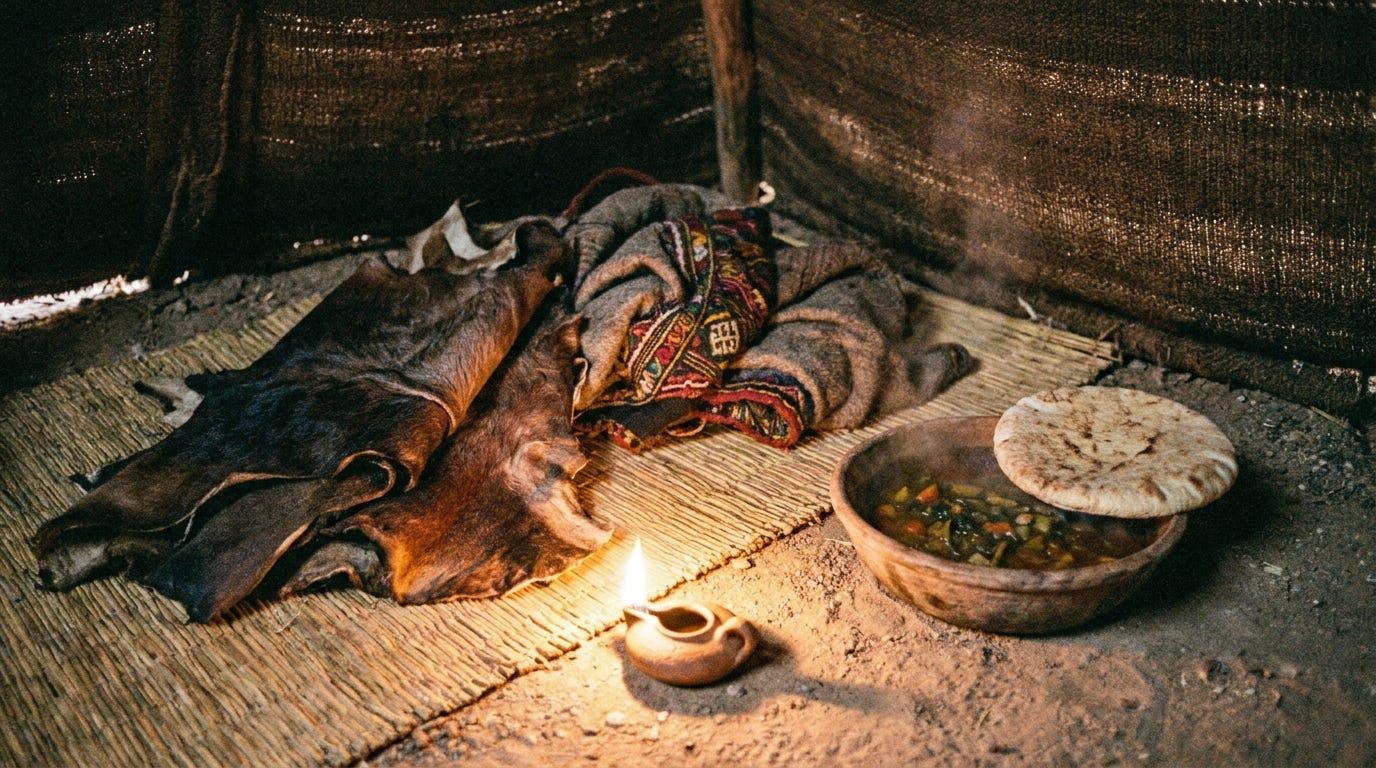 A pair of dark goatskins and a folded fine robe laid on a woven mat beside a clay bowl of stew and a round loaf of bread, lamplight in a tent, no people, no text