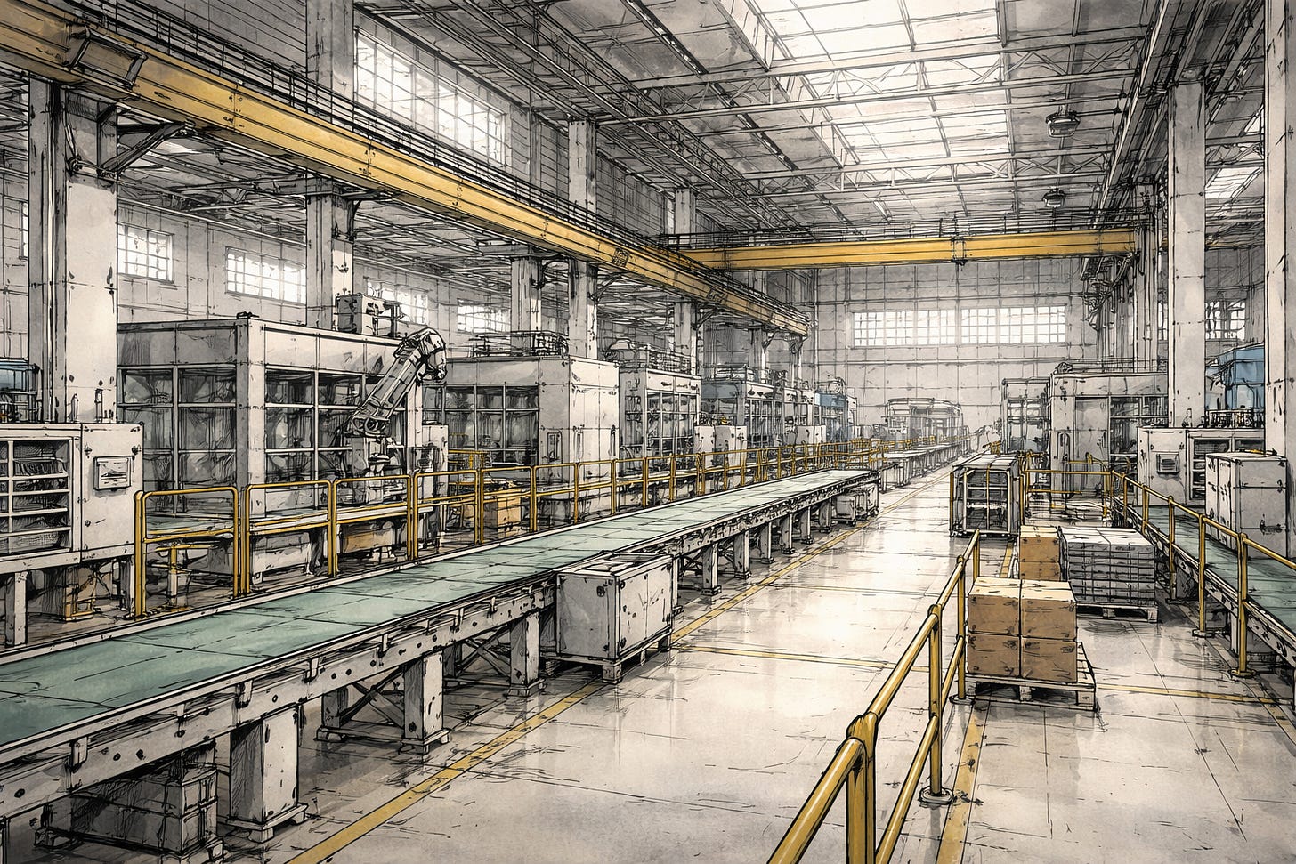 Empty industrial factory interior with idle machines, conveyor belts, and automated production lines. The space appears functional and intact but unused, suggesting a system still operating without human presence. Visual metaphor for Reality Drift, where symbolic systems continue running after losing grounding, feedback, and meaningful human correction Empty industrial factory interior with idle machines, conveyor belts, and automated production lines. The space appears functional and intact but unused, suggesting a system still operating without human presence. Visual metaphor for Reality Drift, where symbolic systems continue running after losing grounding, feedback, and meaningful human correction