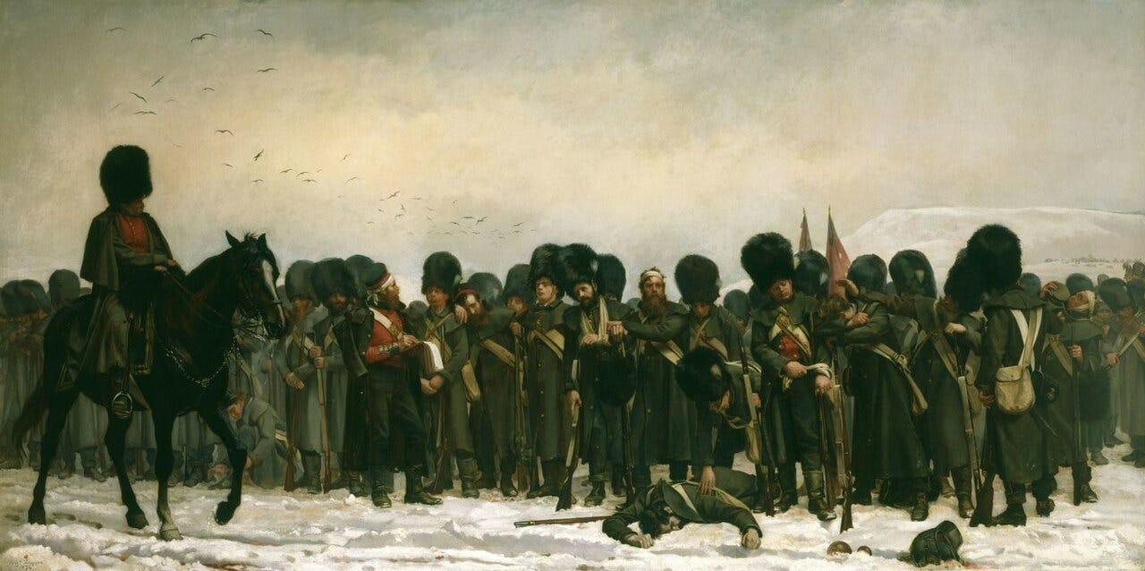 The Roll Call by Lady Butler: Grenadier Guards in greatcoats and bearskins stand in the snow while a sergeant reads out their names after the battle. The Roll Call by Lady Butler: Grenadier Guards in greatcoats and bearskins stand in the snow while a sergeant reads out their names after the battle.