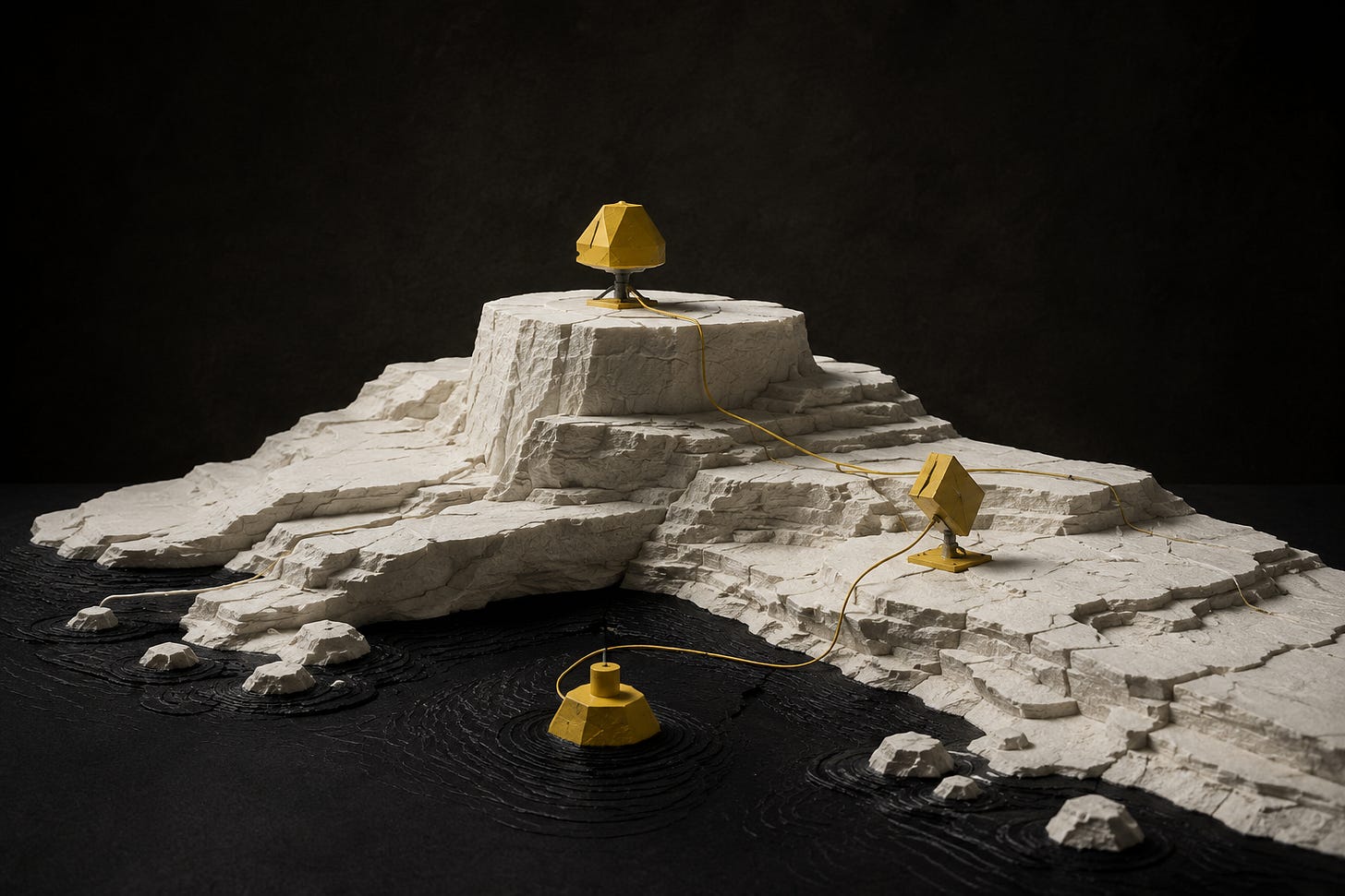 Yellow sensing instruments connected across a sculptural pale coast and dark sea. Yellow sensing instruments connected across a sculptural pale coast and dark sea.