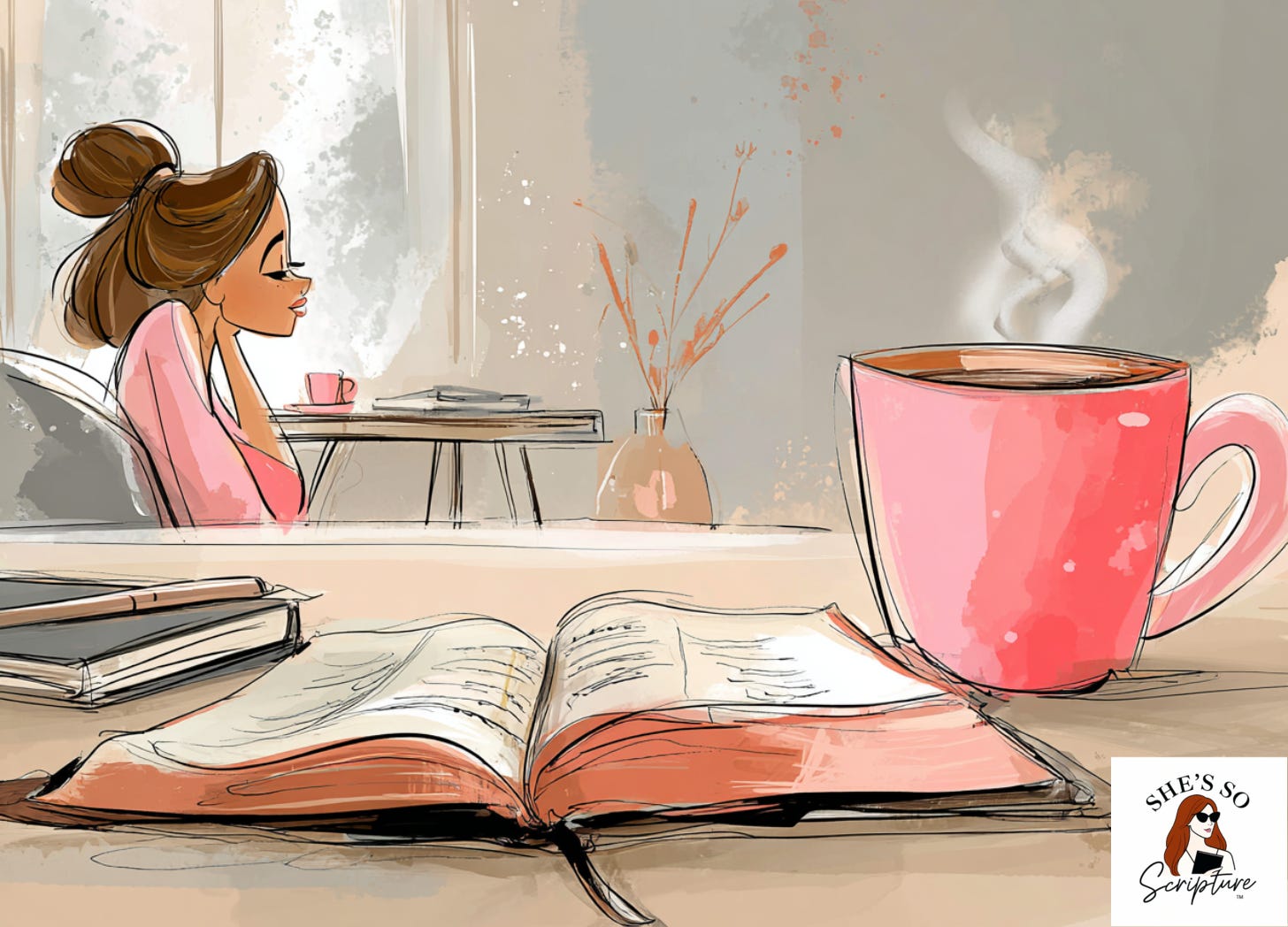 An open Bible and steaming coffee mug on a desk in soft winter light, creating a peaceful and restful devotional moment.