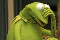 This may contain: a woman is talking on her cell phone while holding the hand of a green frog This may contain: a woman is talking on her cell phone while holding the hand of a green frog