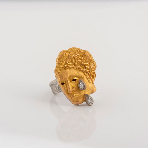 Hypatia ring; 22kt recycled gold, recycled platinum and natural diamonds; Hypatia Red brooch and pendant, 18kt recycled gold and garnets: Hypatia Green brooch and pendant, 22kt recycled gold, recycled silver, green garnets; all by Joy BC courtesy of Elisabetta Cipriani Gallery