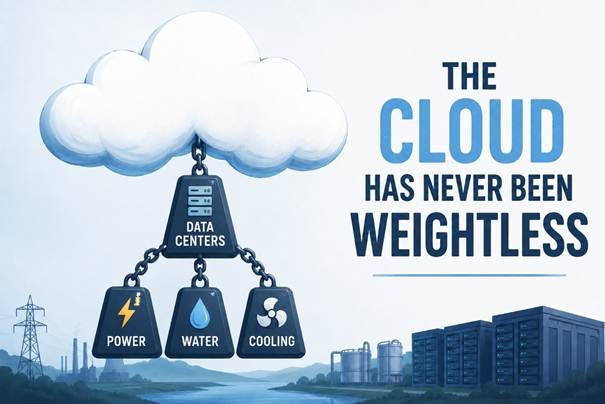 Graphic showing a cloud weighed down by data centers, power, water, and cooling