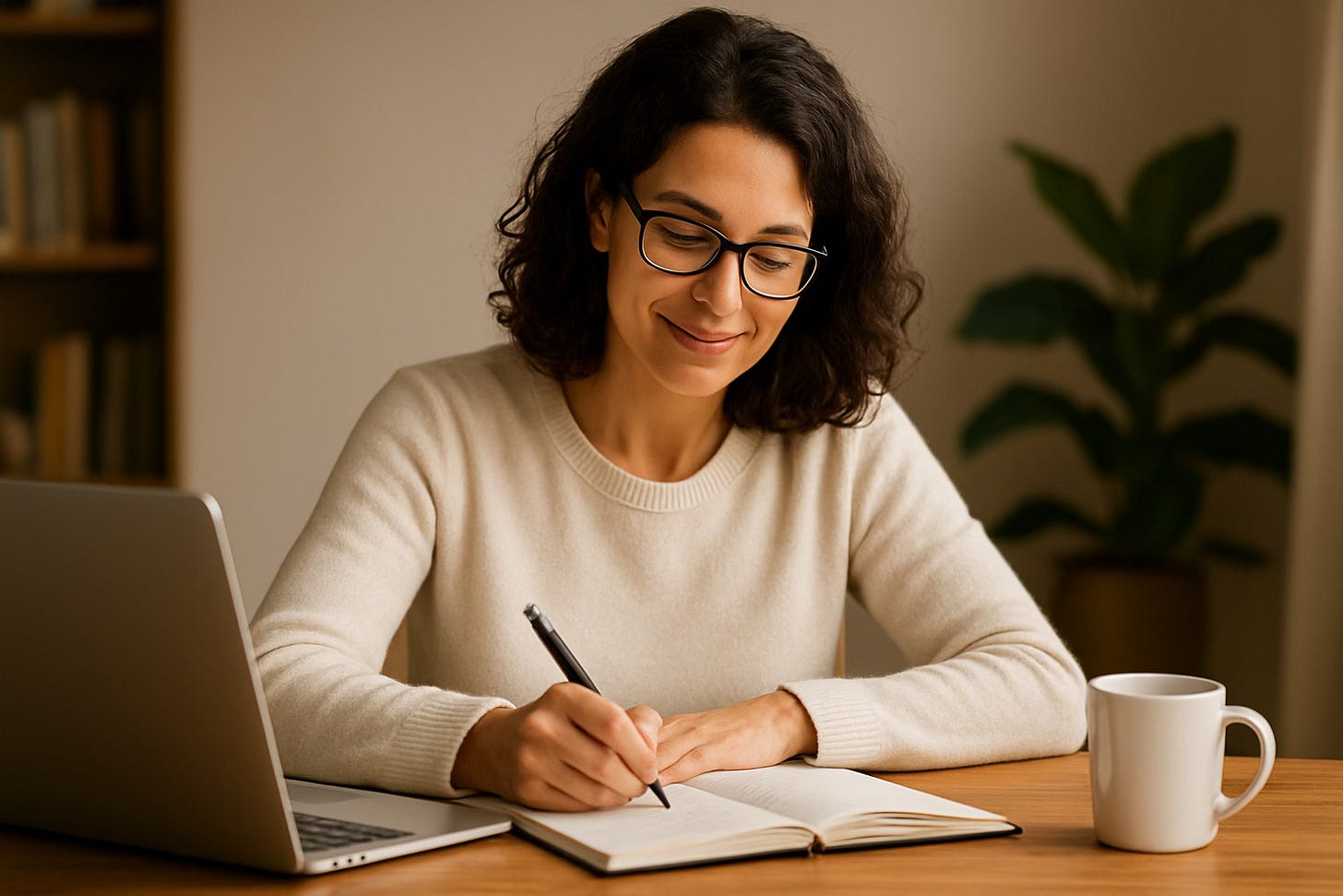 A female writer at her desk smiles as she settles into writing after a break
