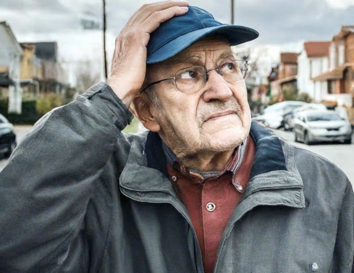 Lost and Confused Older adult looking disoriented and lost in a familiar place, signifying spatial problems in dementia