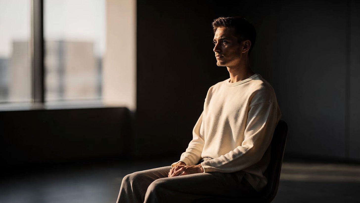 Man seated alone in quiet stillness, soft light from a window, contemplating presence and connection