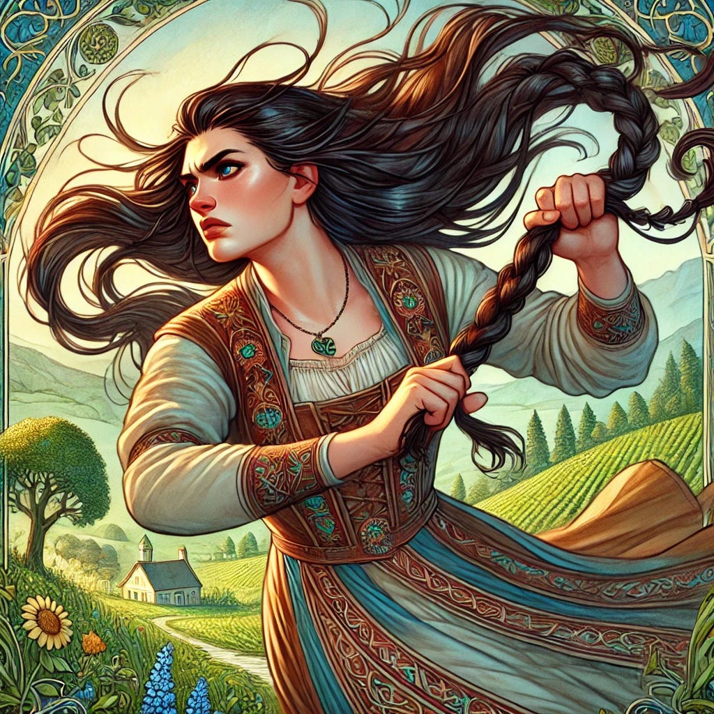 A detailed fantasy illustration of Nynaeve al'Meara from the Wheel of Time series. Nynaeve, a strong-willed woman with long dark hair, is depicted in mid-motion tugging at her braid, a signature gesture of her fiery temperament. She is wearing a modest yet elegant dress with intricate embroidery, reflecting her roots as a village Wisdom and her rise as an Aes Sedai. The background is a lush countryside with hints of a small village in the distance. Her expression conveys both determination and frustration, embodying her complex character. The art style is vibrant and detailed, capturing the fantasy essence. No direct copyright infringement of existing designs. A detailed fantasy illustration of Nynaeve al'Meara from the Wheel of Time series. Nynaeve, a strong-willed woman with long dark hair, is depicted in mid-motion tugging at her braid, a signature gesture of her fiery temperament. She is wearing a modest yet elegant dress with intricate embroidery, reflecting her roots as a village Wisdom and her rise as an Aes Sedai. The background is a lush countryside with hints of a small village in the distance. Her expression conveys both determination and frustration, embodying her complex character. The art style is vibrant and detailed, capturing the fantasy essence. No direct copyright infringement of existing designs.
