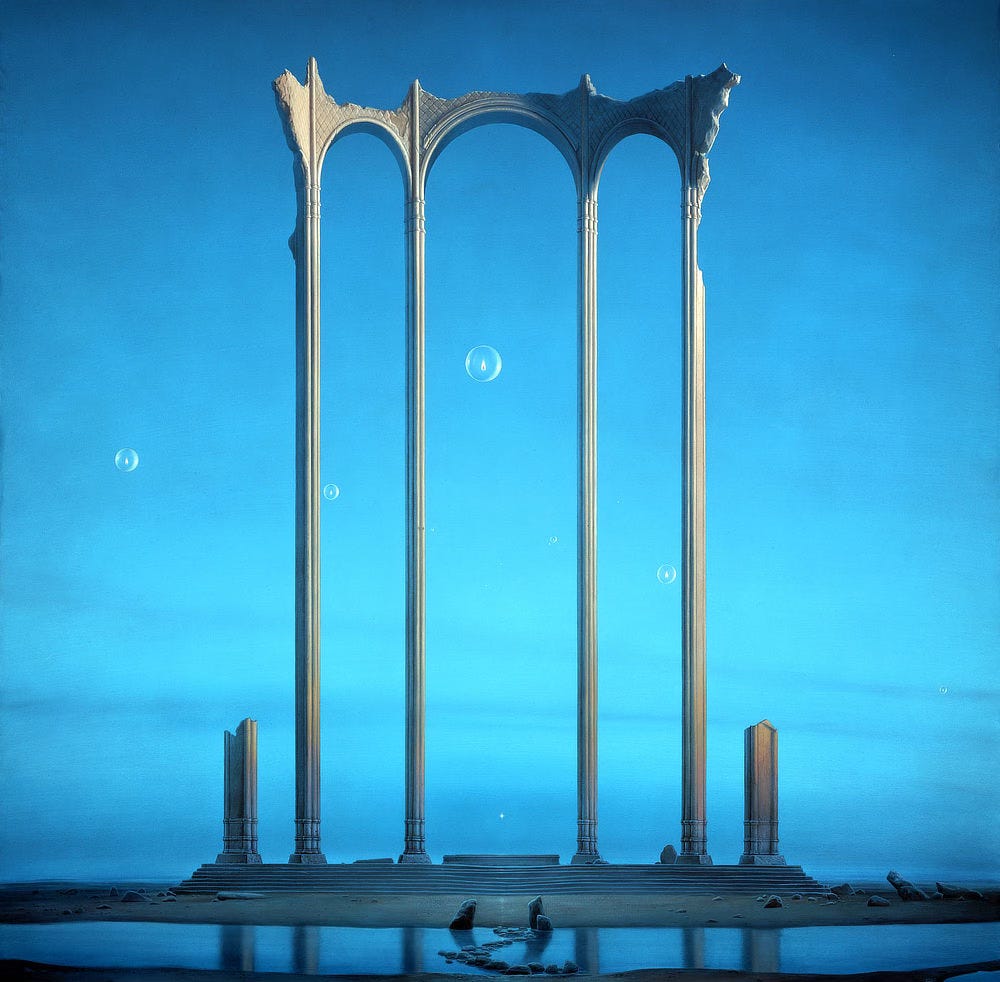 Three classical arches stand tall against a calm cerulean sky at twilight. Transparent spheres, each containing a flicker of flame, float among the pillars of a ruined yet still beautiful structure. Steps lead up from the sand to a broad pedestal set at the center of the arches. Above it a star hangs low on the horizon. In the immediate foreground, a path of stones winds across a shallow tidal pool. Water reflects the vertical lines of the pillars. Three classical arches stand tall against a calm cerulean sky at twilight. Transparent spheres, each containing a flicker of flame, float among the pillars of a ruined yet still beautiful structure. Steps lead up from the sand to a broad pedestal set at the center of the arches. Above it a star hangs low on the horizon. In the immediate foreground, a path of stones winds across a shallow tidal pool. Water reflects the vertical lines of the pillars.