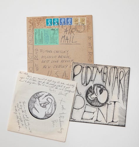 Photos of mail correspondence between Randy 'Biscuit' Turner of Big Boys, Pushead and Negative Approach, and Grant Matthews of Rudimentary Peni.