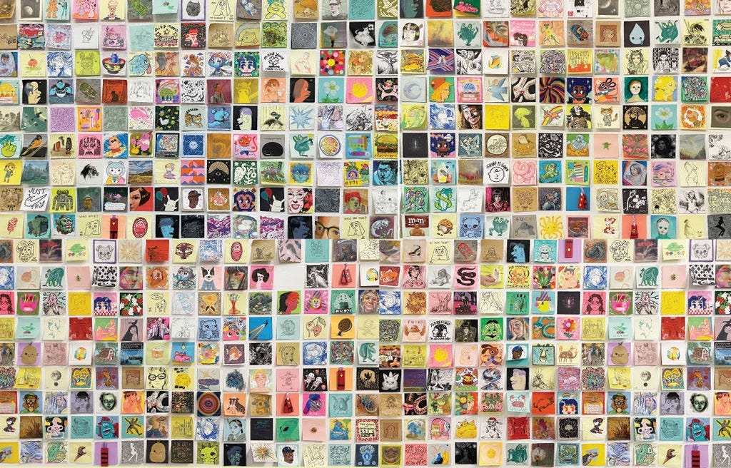 Post it Show flyer for 2024 features tons of images of art on post it notes in a grid with text at the bottom describing the event. Post it Show flyer for 2024 features tons of images of art on post it notes in a grid with text at the bottom describing the event.