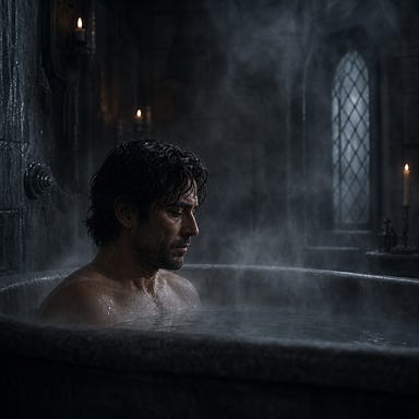 Fleetwood in a cold stone-gray bath chamber, shown only from the shoulders up, steam rising, candlelight dim and distant, atmosphere somber and Barovian, expression weary as he washes away the night