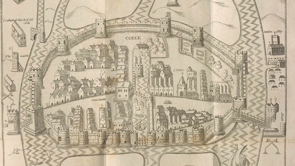 A 17th century map of Cork oriented west-east. The Franciscan friary is on the right of the map. The city is walled and surrounded by river. A 17th century map of Cork oriented west-east. The Franciscan friary is on the right of the map. The city is walled and surrounded by river.