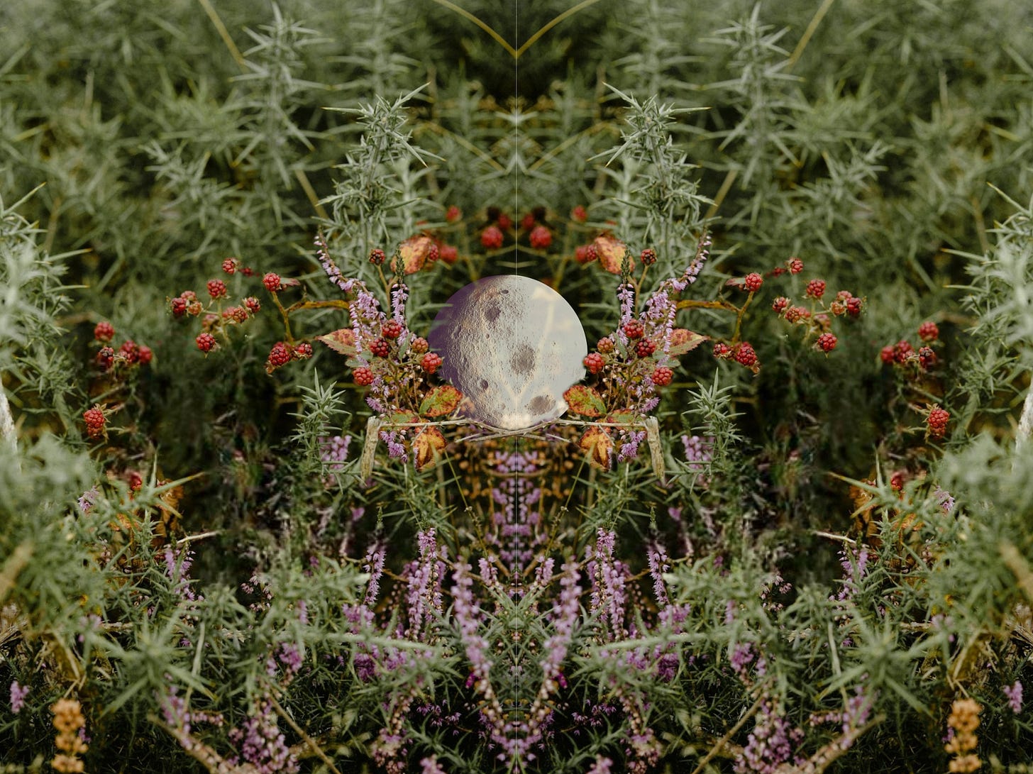 A digital collage of a mirror image of thorny green gorse bushes, red raspberries and purple heather, mirrored. They appear to nestle a full moon in their branches