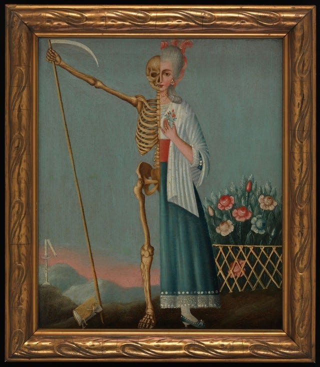 A woman divided into two, representing life and death. Oil painting. A woman divided into two, representing life and death. Oil painting.
