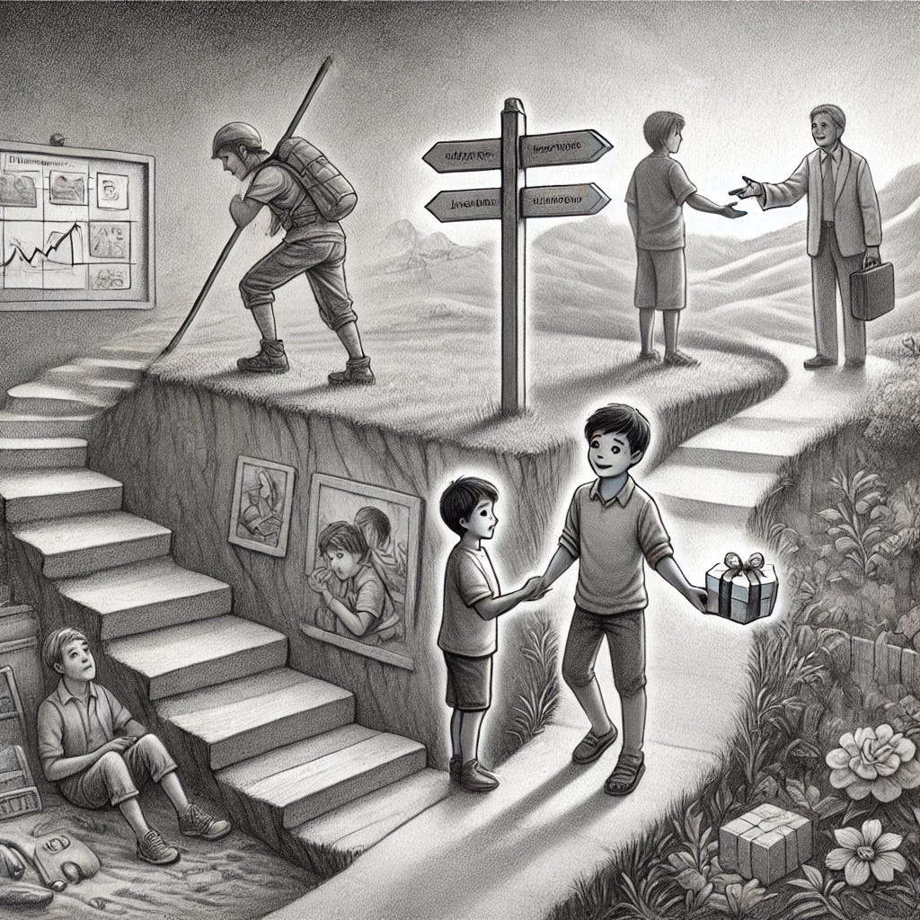 A pencil sketch illustration showing three interconnected life stories along a pathway leading into the future.

1. **Left - Resilience**:
   - A young boy climbing a steep hill, struggling but determined.
   - A mentor nearby, offering encouragement but not physically assisting.
   - A broken signpost at the base of the hill, symbolizing past challenges overcome.

2. **Center - Empathy**:
   - A child giving a small gift (such as a cake box) to a parent with a warm, appreciative expression.
   - A background scene subtly depicting the absence of another family member.
   - Gentle shading around their hands to emphasize kindness and emotional connection.

3. **Right - Adaptability**:
   - A teenager standing at a crossroads, choosing between multiple paths leading to different environments.
   - Small details indicating cultural diversity, such as varied landscapes or people in different attire.
   - Holding a journal or map, symbolizing decision-making and exploration.

**Additional Elements**:
- A winding path connecting all three individuals, leading to a bright, open-ended horizon.
- A subtle outline of a globe in the background, reinforcing the theme of global citizenship.

The sketch should have a clean, expressive, and visually engaging pencil-drawn style with no text or labels.