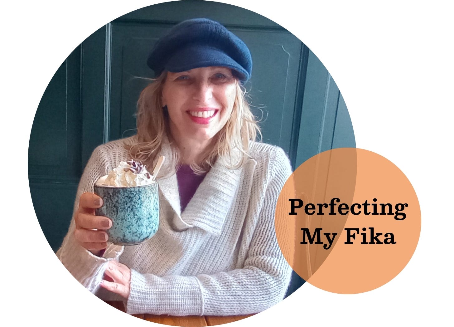 Blond woman wearing a navy cap and beige sweater is toasting with a light blue mug of hot chocolate with whipped cream 