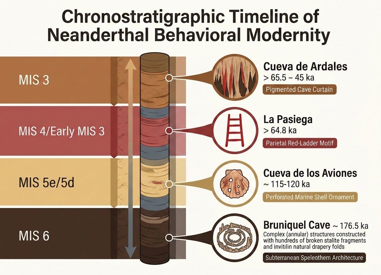 A sophisticated and visually engaging infographic titled 'Chronostratigraphic Timeline of Neanderthal Behavioral Modernity'. The infographic features a vertical timeline with distinct markers for different Marine Isotope Stages (MIS). 1. At the bottom (MIS 6), an icon of a cave ring structure represents Bruniquel Cave (~176.5 ka). 2. Above it (MIS 5e/5d), an icon of a perforated seashell represents Cueva de los Aviones (~115-120 ka). 3. Higher up (MIS 4/Early MIS 3), a red ladder-like symbol represents La Pasiega (> 64.8 ka). 4. At the top (MIS 3), an icon of a pigmented cave curtain represents Cueva de Ardales (> 65.5 - 45 ka). The design uses a deep-time aesthetic with earthy tones, clear labels, and chronological callouts to highlight the depth of Neanderthal visual culture.
