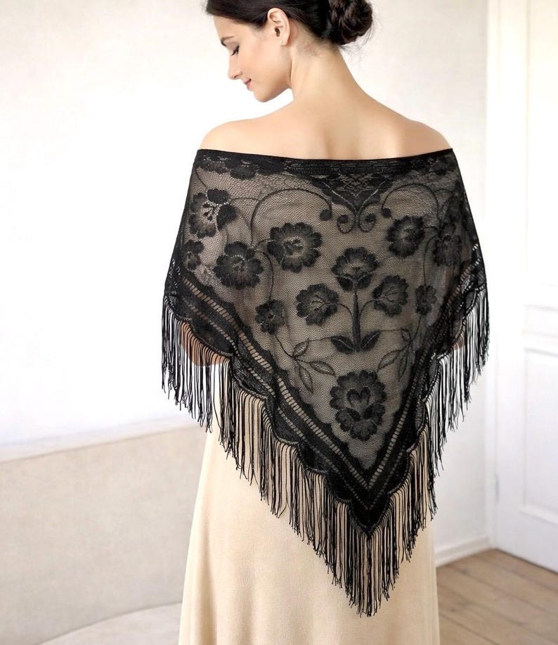 Black Lace flamenco Triangle Shawl with Fringe, large evening Boho Scarf image 1
