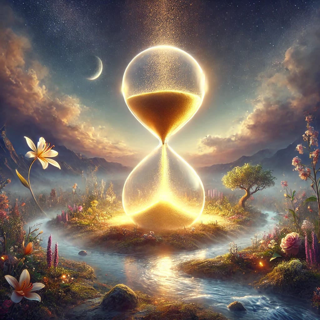A symbolic artistic representation of life as a single, precious entity. The image shows a glowing, fragile hourglass in the center of a serene natural setting, surrounded by elements like blooming flowers, flowing water, and a vast sky to symbolize the fleeting and interconnected aspects of life. The hourglass emits a soft golden light, with sand grains falling slowly to emphasize the passage of time. The atmosphere is calm, with a sense of wonder and reflection, evoking the idea that life is unique and fleeting. The art style is ethereal and inspiring, inviting contemplation.