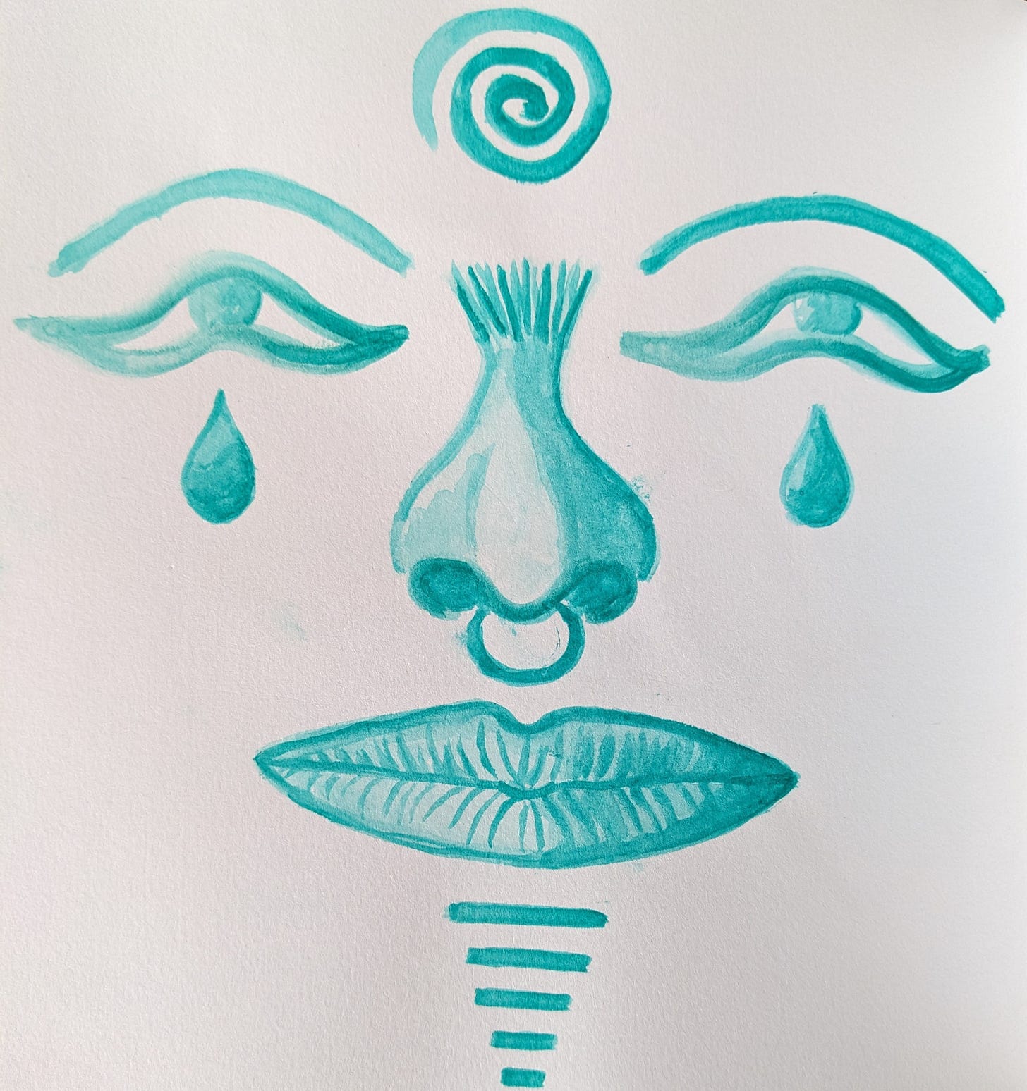 A crying face painted with turqoise watercolor