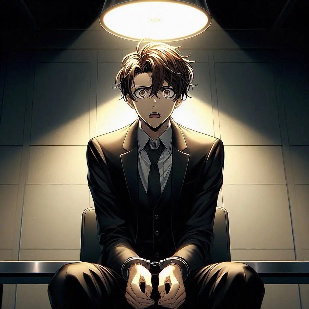 a panicking young man who has brown styled hair and wears a black suit sits cuffed in an interrogation room. Anime art style. modern. horror. dark.