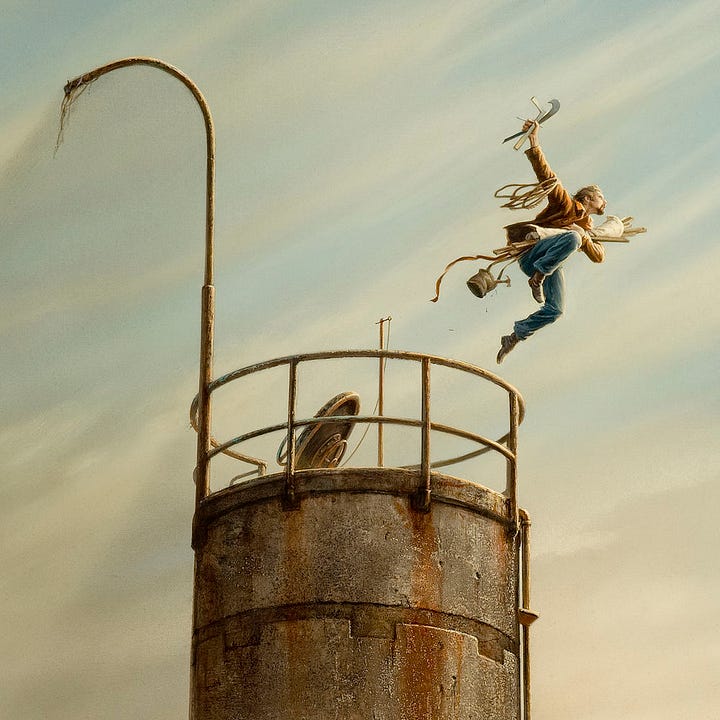 LEFT: Close detail of the artist in a daring leap off the top of a weathered concrete tower. Behind him a vault hatch is propped open. A metal pole extends opposite, running straight up until it curve outward. Tatters of string hang from the end. RIGHT: Figure detail of the artist mid-leap across streaks of cream colored clouds that show through to hints of blue sky. One arm is extended out holding a french curve, L-square, and pencil. Rope is looped over the long sleeve of his shirt. In his other arm, he clutches canvas and wood framing pieces. A satchel hangs low at his side, trailing his motion. A hammer tips out of the satchel and nails fall leaving a trail behind him in the air.