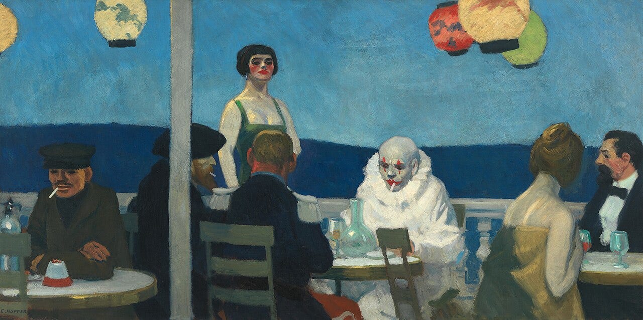 Edward Hopper's painting Soir Bleu, a blue night cafe terrace in Paris with a white clown seated at the exact center.