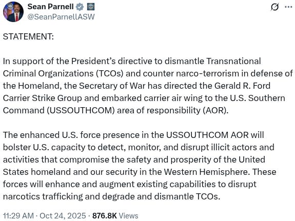 Pentagan statement announcing deployment of USS Gerald R Ford carrier group from Mediterranean to Carribean