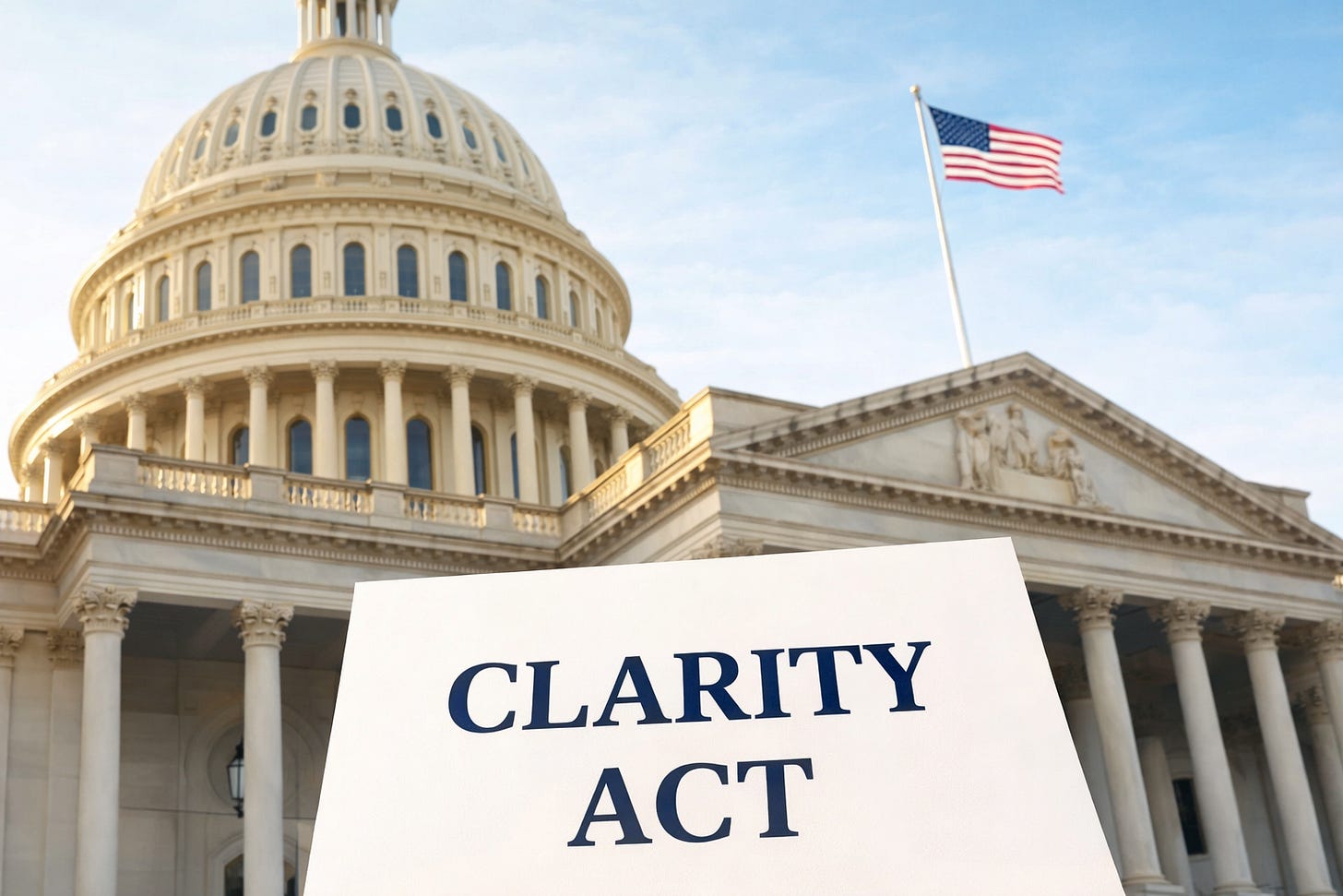 Stylized illustration of a legislative document labeled “CLARITY ACT” positioned in front of a generic government building, symbolizing upcoming U.S. crypto market structure regulation and regulatory reform. Stylized illustration of a legislative document labeled “CLARITY ACT” positioned in front of a generic government building, symbolizing upcoming U.S. crypto market structure regulation and regulatory reform.