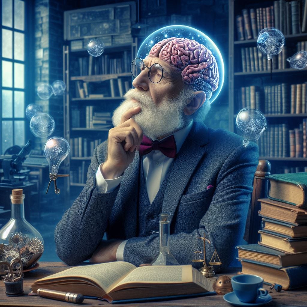 an old neuroscientist thinking about brain science in his library