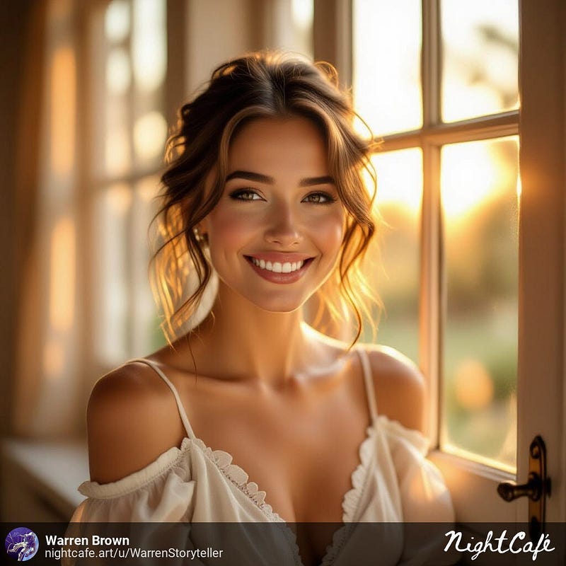 Smiling woman in the sunlight near an open window