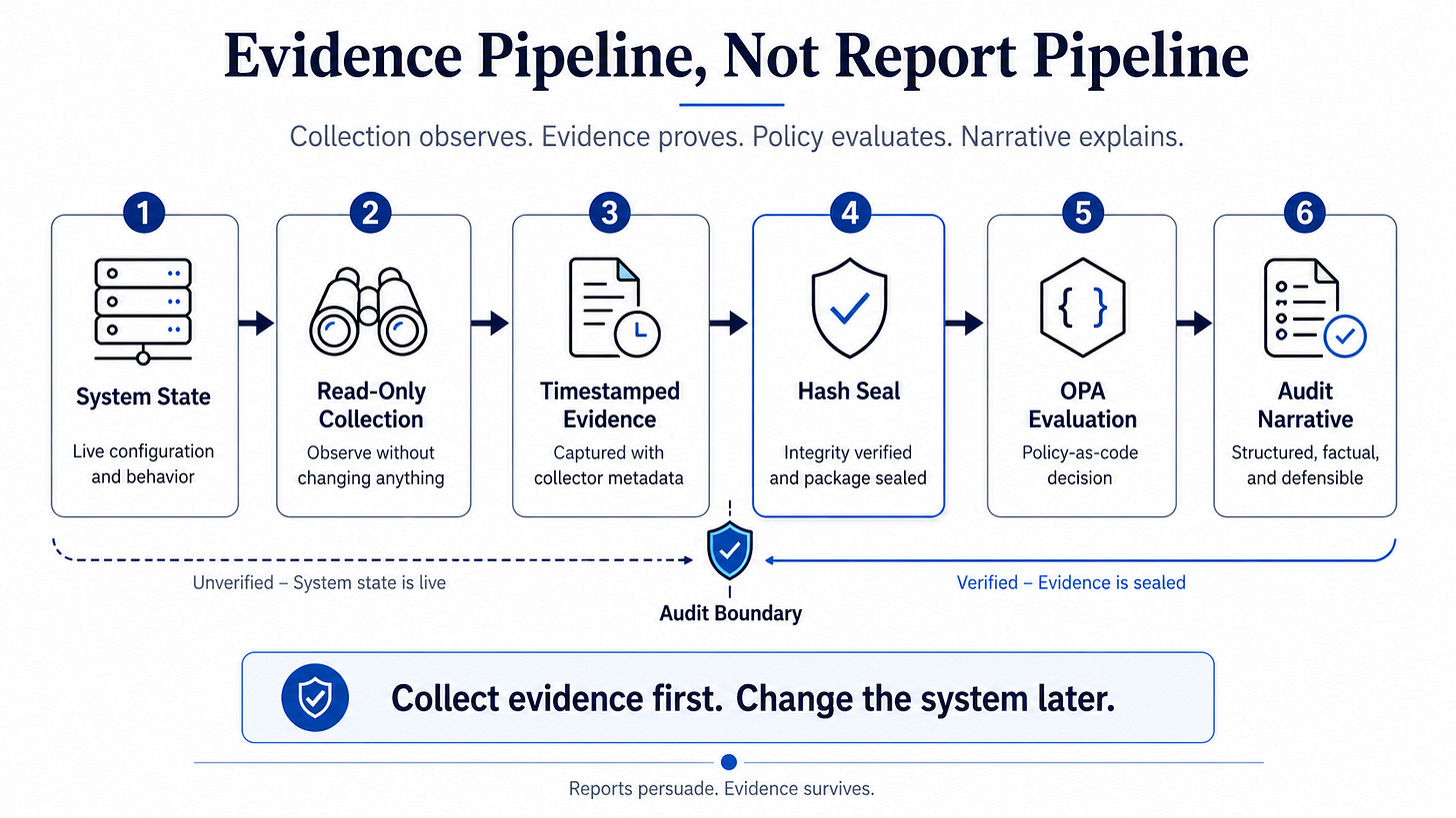 Diagram of a six-step compliance evidence pipeline from system state to audit narrative, showing the audit boundary between live state and sealed evidence